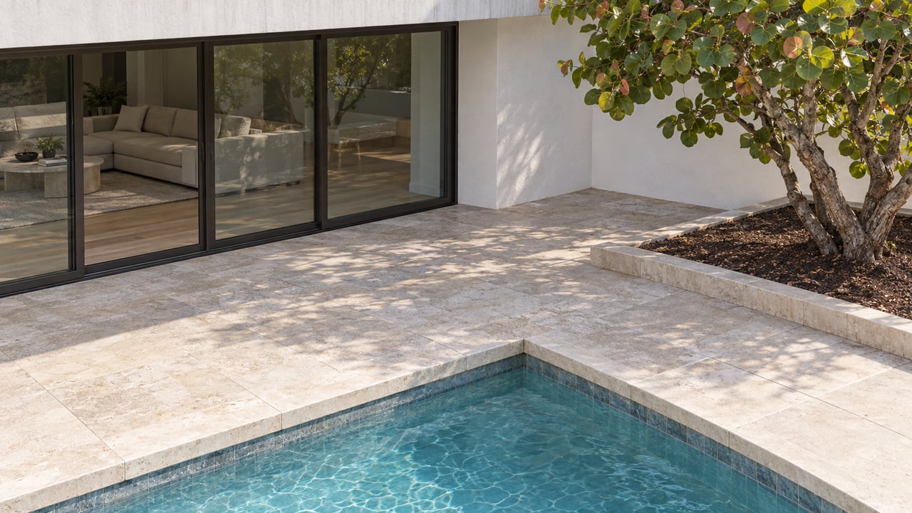 Light limestone terrace and turquoise pool beside a white stucco home with dark-framed glass doors and one sculptural sea-grape tree.