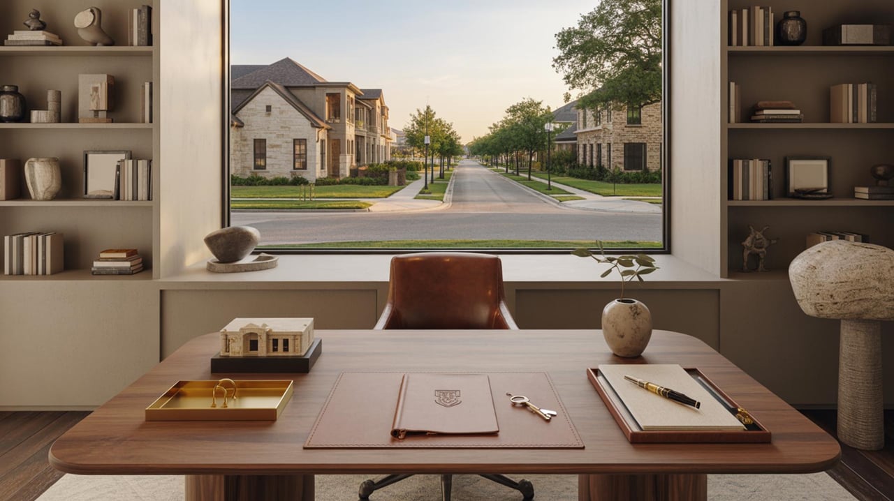Modern office desk faces a window overlooking a tree-lined residential street with stone houses.