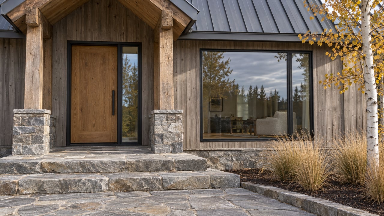 Weathered cedar home with a steep metal gable, quartzite entry steps, large enclosed window and golden aspen leaves.
