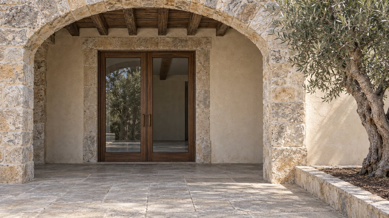 Stone loggia with closed oak-framed glass doors, a worn limestone terrace and a mature olive beside a raised stone planting border.