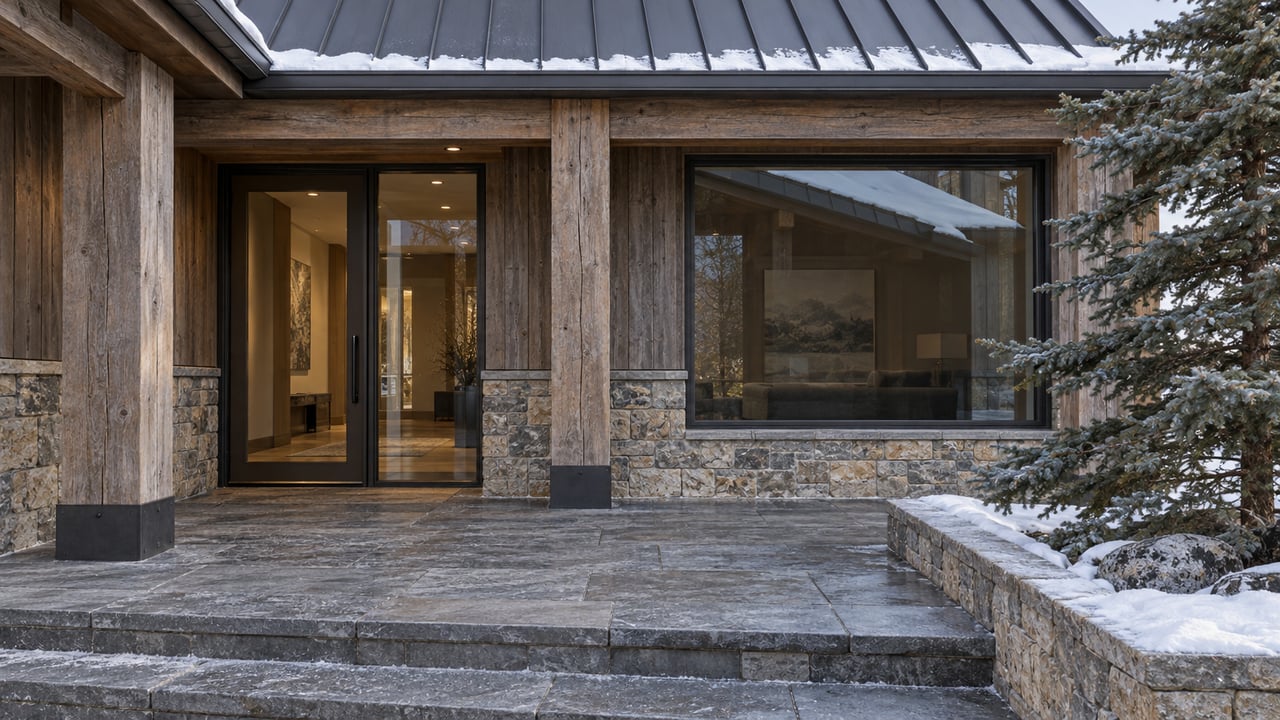Winter entry of an upscale timber-and-stone residence with bronze-framed glazing, a snow-capped gable and a clear stone landing.