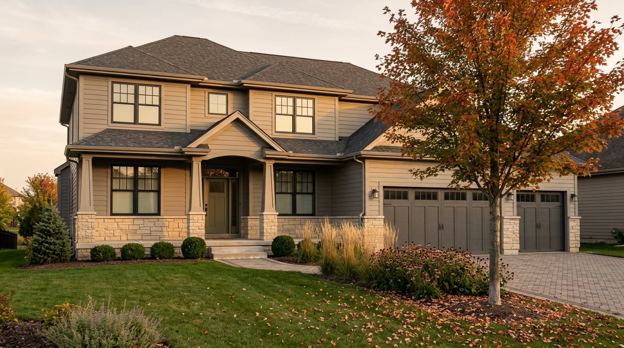 Two-story gray suburban home with stone accents, three-car garage, orange-red maple, and fallen leaves on the lawn.