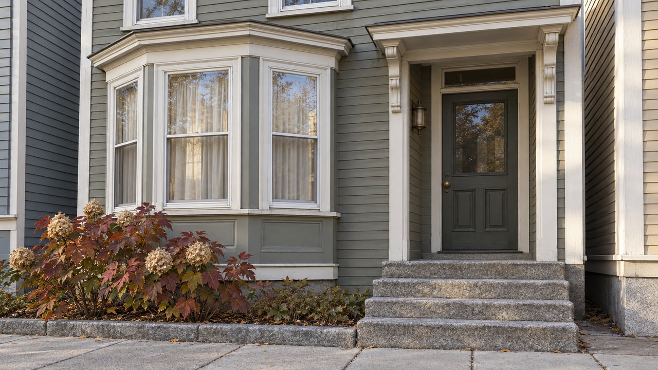 Gray-green clapboard home with white-trimmed bay windows, a sheltered wood entry, worn granite steps and autumn oakleaf hydrangea.