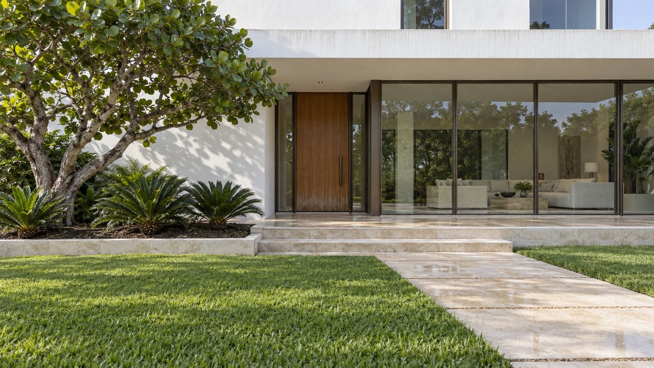 White-stucco contemporary home with a teak entry door, limestone approach, sea grape tree and sunlit front lawn.