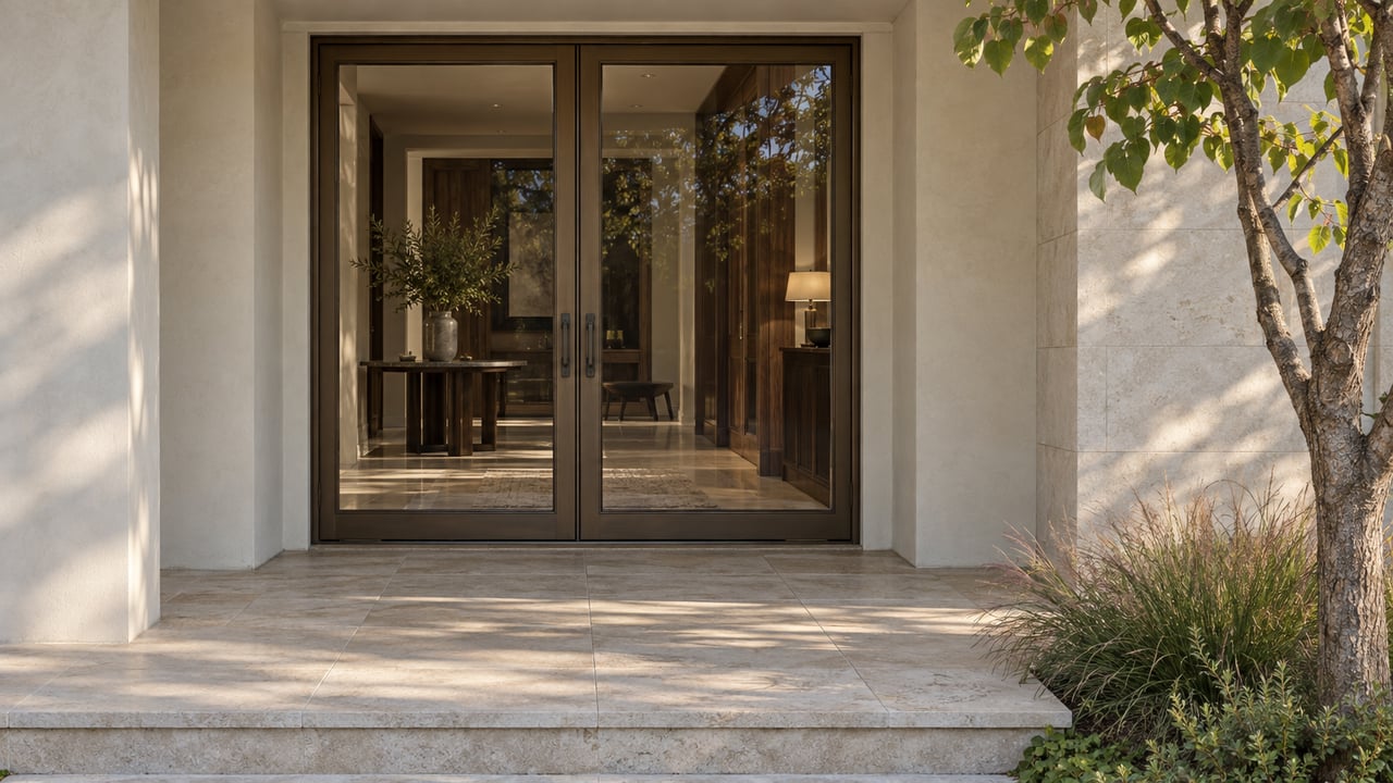 Bronze-framed French doors stand between ivory plaster piers above a limestone porch and planted bed.