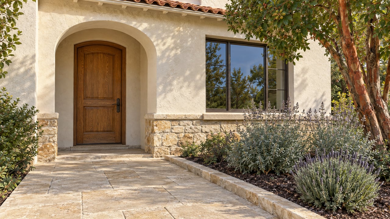 Sunlit stucco home with a recessed oak entrance, terracotta roof tiles, stone walkway and sculptural strawberry tree.
