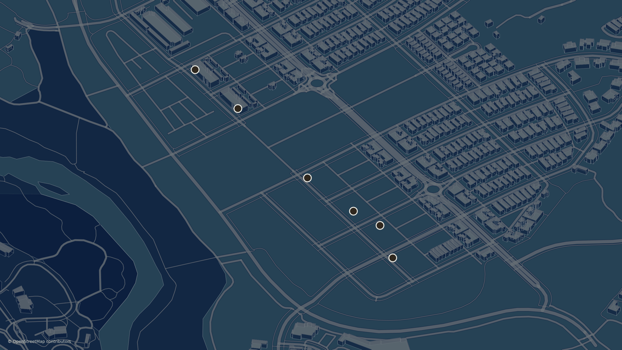 Neighborhood map with street layout, circular markers, and a winding river.