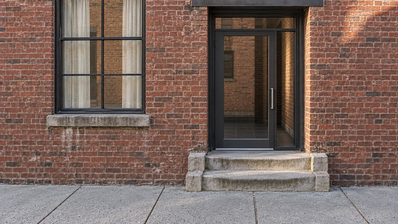 Weathered red brick residential loft entrance with a black steel glazed door, tall window and worn limestone steps beside a concrete sidewalk.