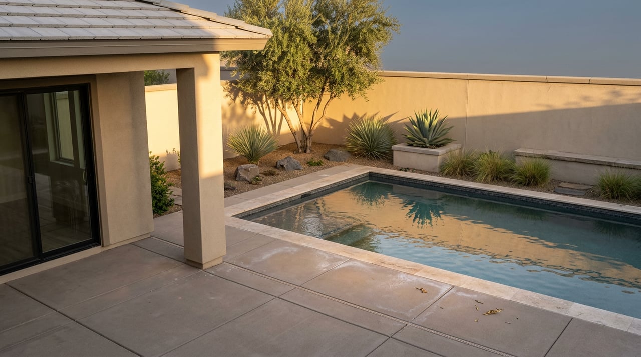 Walled backyard pool and covered patio with travertine coping, an olive tree, agaves, and a sliding glass door.