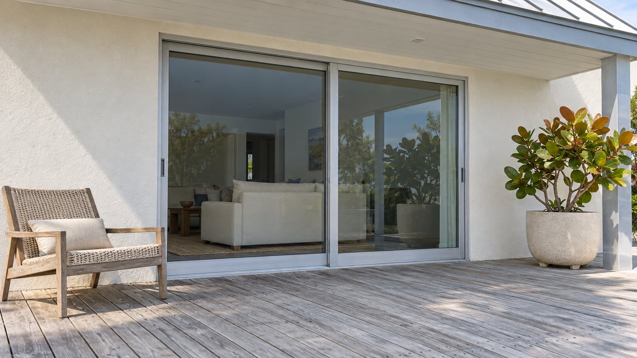 Weathered timber terrace outside a coastal home with sliding glass doors, a woven teak chair and a potted sea grape tree.
