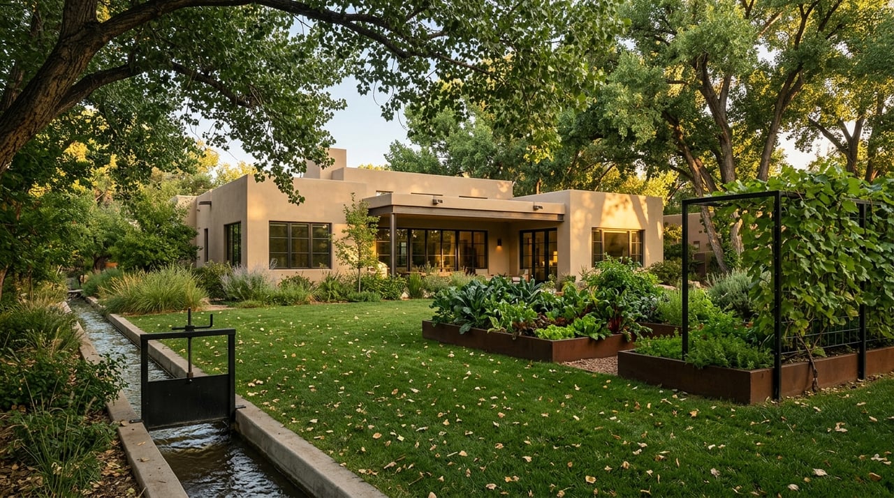 Lawn, raised vegetable beds, and grape trellis beneath mature trees beside a stucco house and rippling irrigation swale.