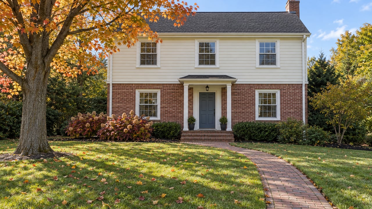 A well-kept two-story brick and ivory-sided home beyond a deep front lawn, with an amber maple and a brick path leading to a blue front door.