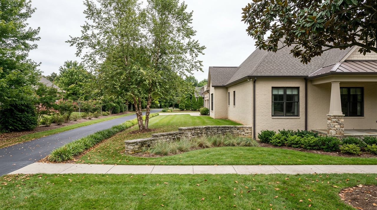 Transitional brick home beside a lawn and stepped stone retaining wall, with a paved path beneath magnolia and river birch trees.