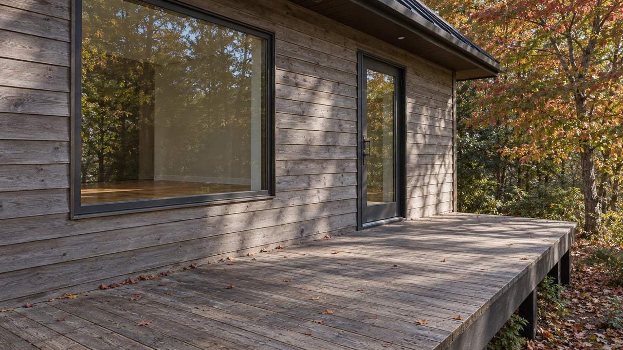 Raised weathered-wood deck meets a cedar-clad house with a glazed door and window; russet leaves gather beneath a maple.
