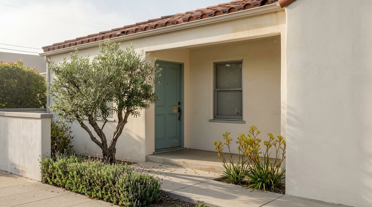 Bungalow porch with a muted teal door, terracotta roof tiles, and an olive tree beside the walkway.