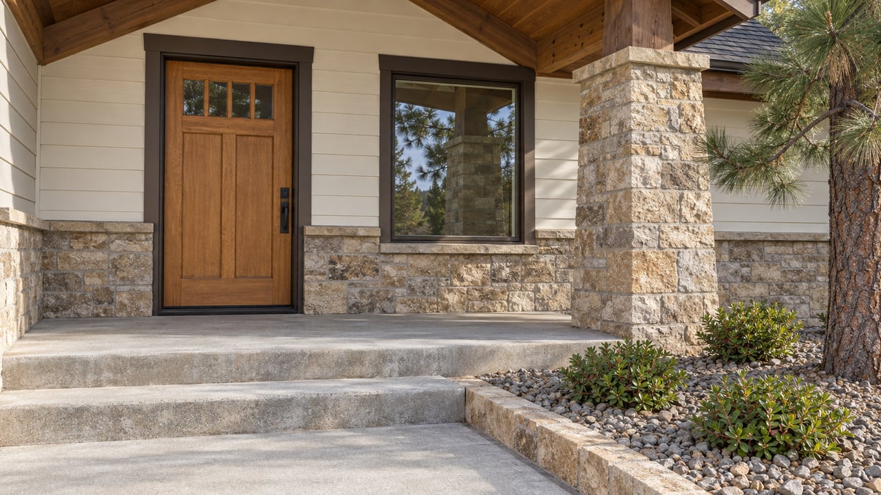 Sheltered home entry with buff stone, cream siding, a warm wood door and concrete steps beside a pine and low groundcover.