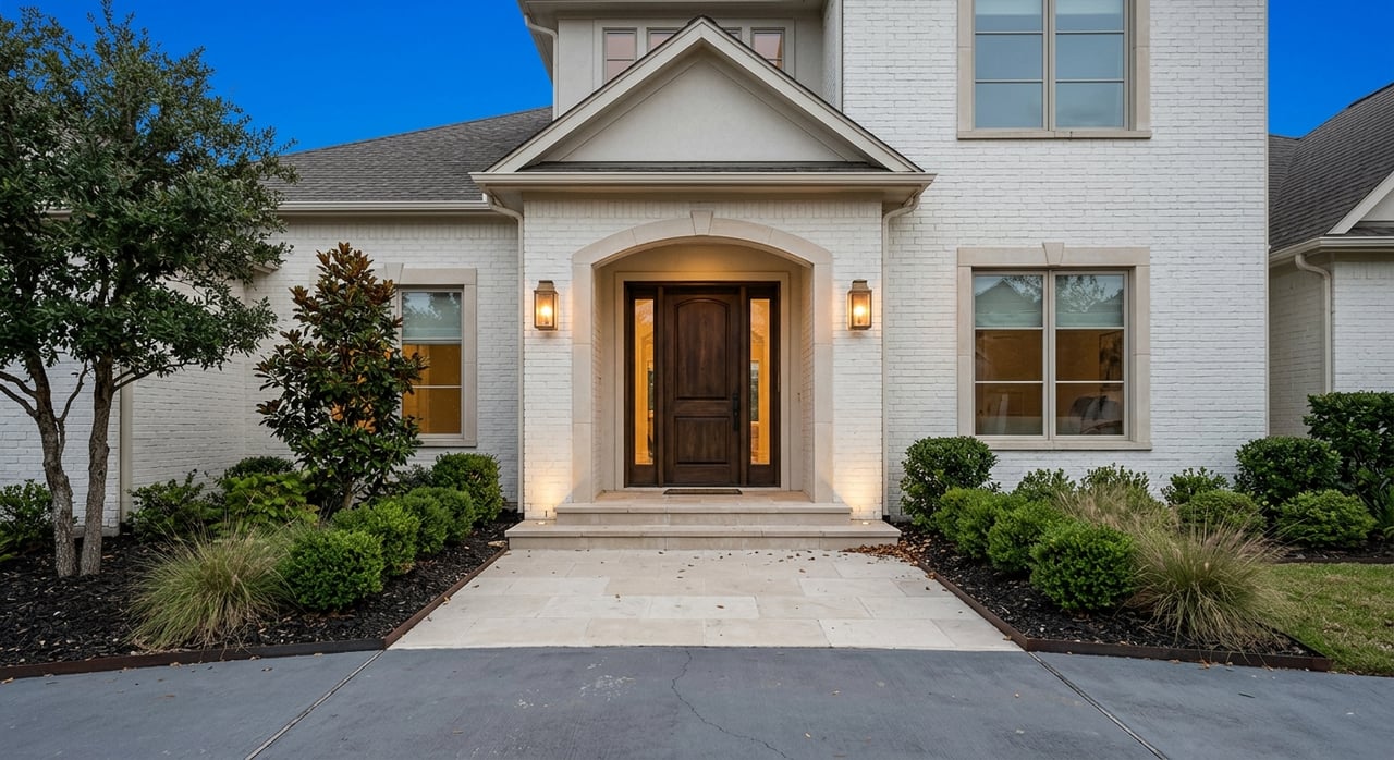 Brick house entry with an oak door, limestone steps, black-framed windows, and warm light glowing through sidelights at dusk.