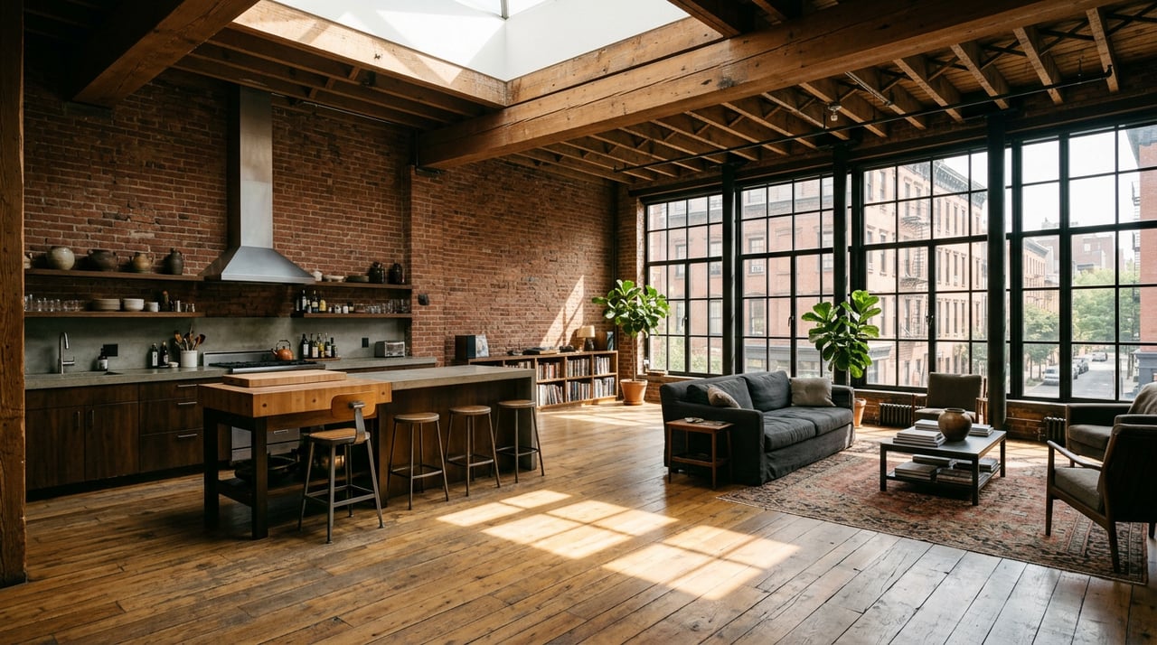 Loft kitchen with a quartz island, oak floors, exposed brick, and sunlight through steel-framed windows.