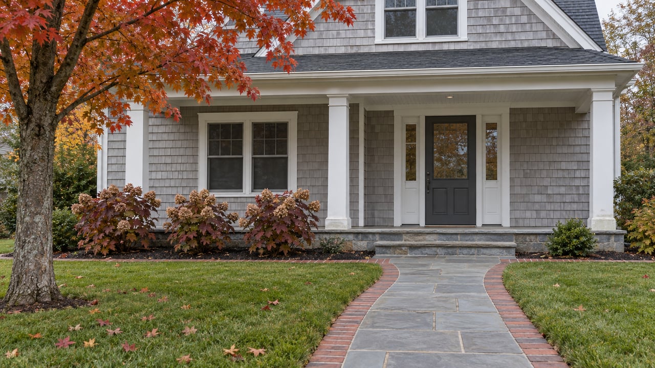 Grey shingle house with a covered porch, bluestone approach and autumn planting across a broad front lawn.