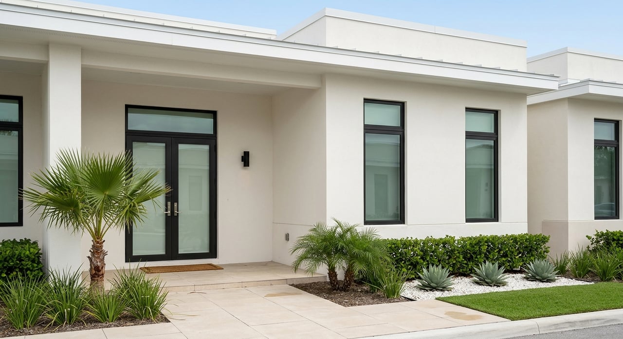 Stucco townhome entry with black-framed French doors, porcelain pavers, and narrow shell-mulch beds.