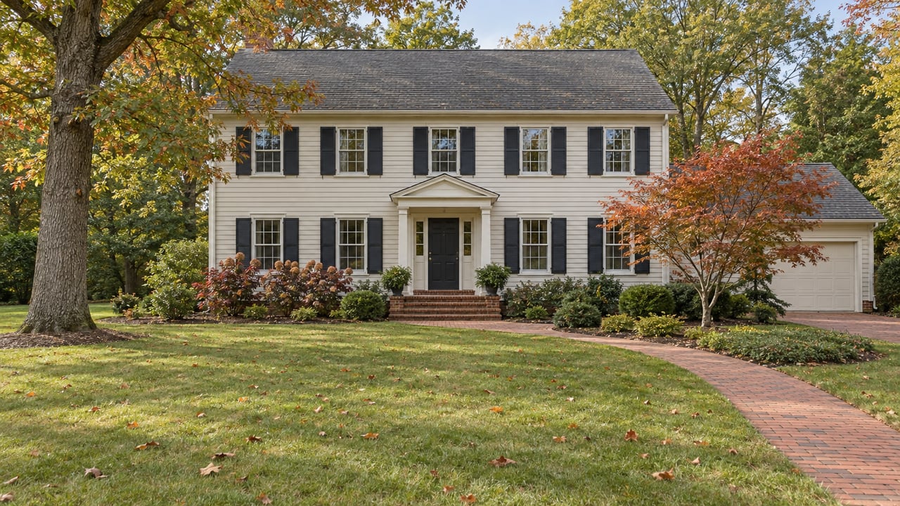 Two-story colonial home with black shutters, attached garage, and curved brick walkway amid autumn foliage.
