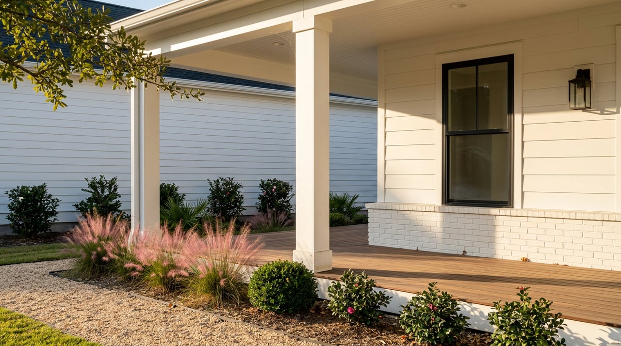 Covered porch corner with white column, black window, pink muhly grass, and an oak limb.