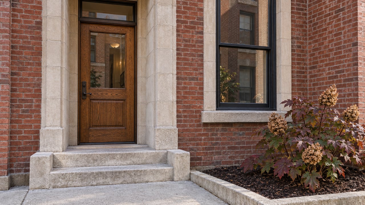 Red-brick residential entrance with a glazed oak door, limestone surround and steps, and autumn oakleaf hydrangea.