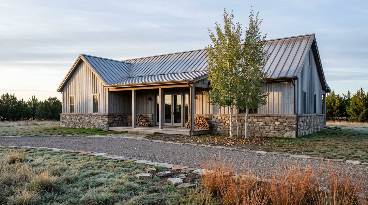 Stone-and-timber home with a metal roof, gravel drive, autumn grasses, and aspens near the covered entry.