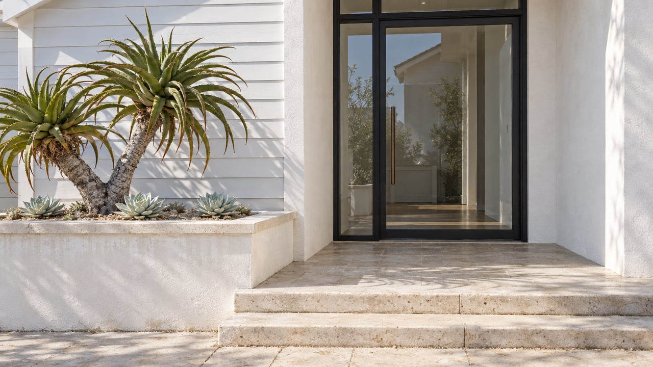 Sunlit white-stucco and wood-sided home entry with black-framed glazing, limestone steps and a sculptural branching aloe in a raised planter.