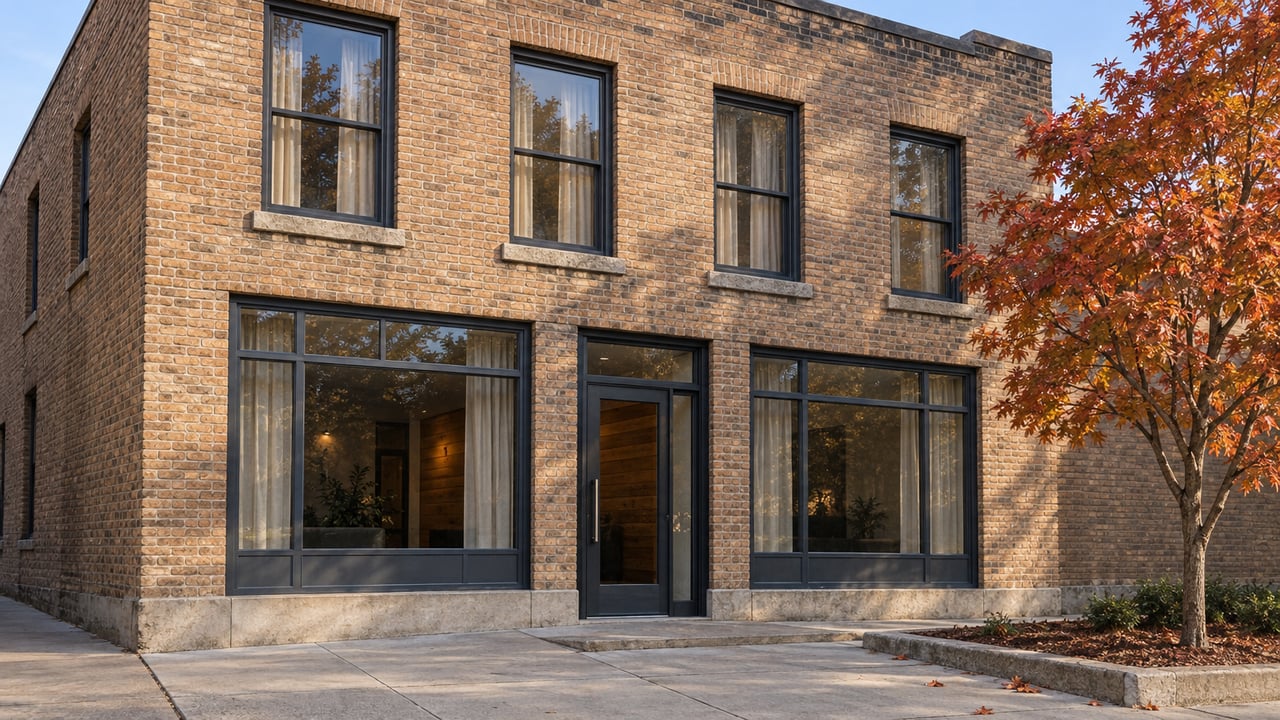 Two-story tan-brick loft building with steel-framed windows, a glazed entrance and an amber-red maple beside the concrete sidewalk.