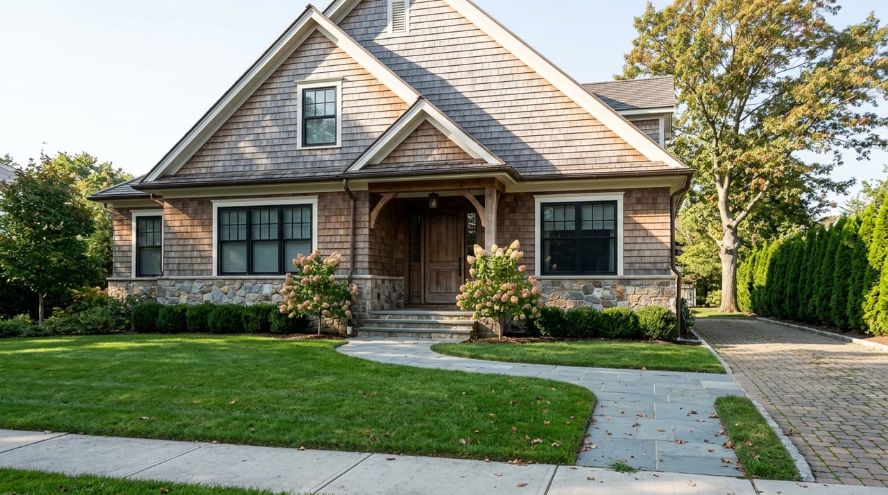 Fieldstone-and-cedar-shake home with black windows and walnut door, framed by lawn and curving paver walkway.
