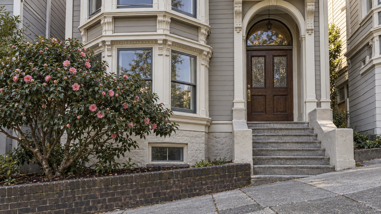 Gray timber home with ivory bay-window trim, a recessed oak doorway, stone steps and a camellia in a compact raised garden.