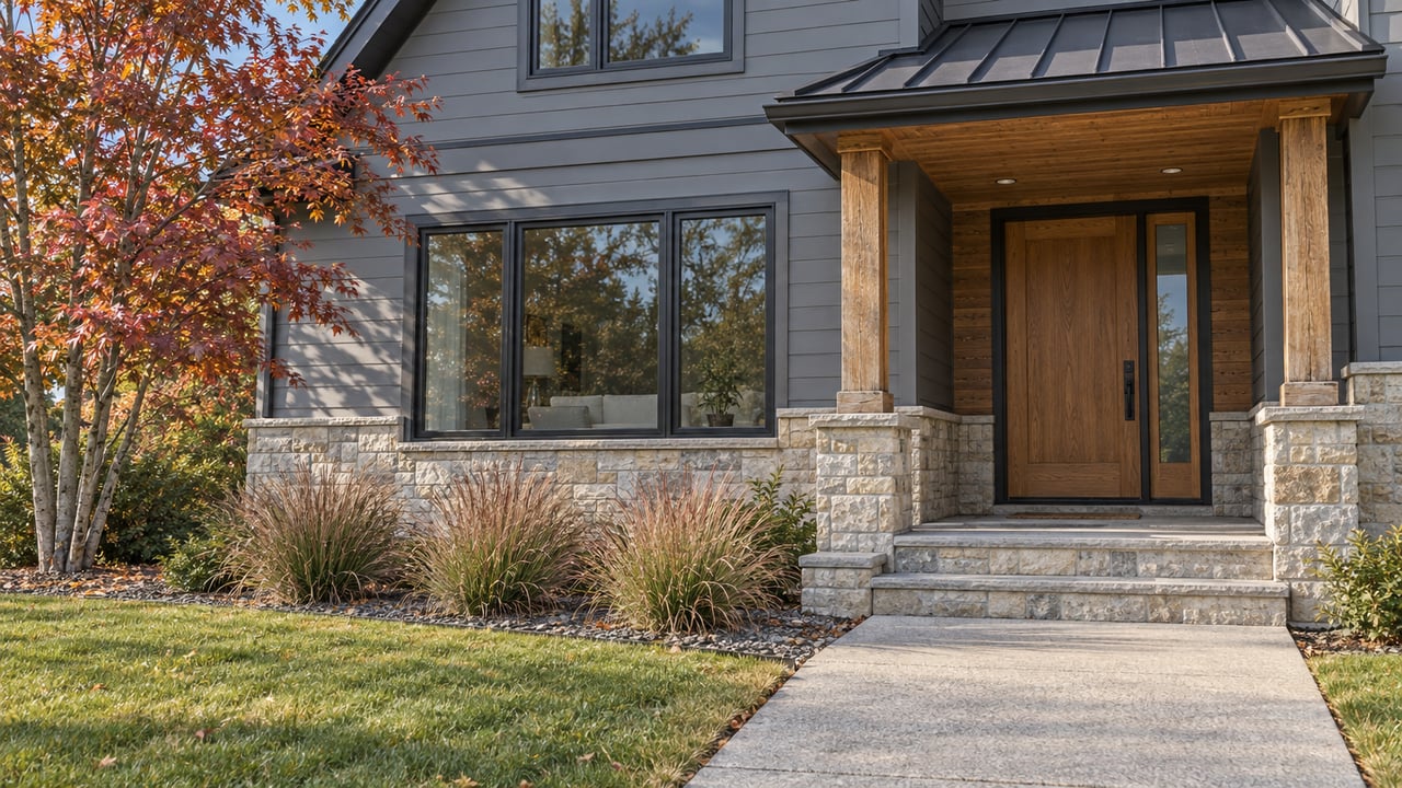 An autumn maple beside a gray gabled home with limestone accents, a timber porch and a concrete front walk.