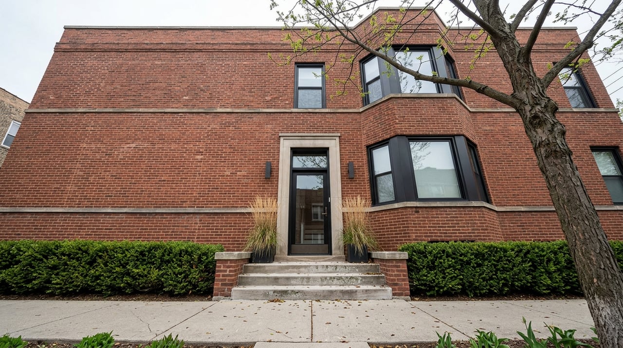 Red-brick residential building with a stone stoop, bay window, and bare-branched tree.