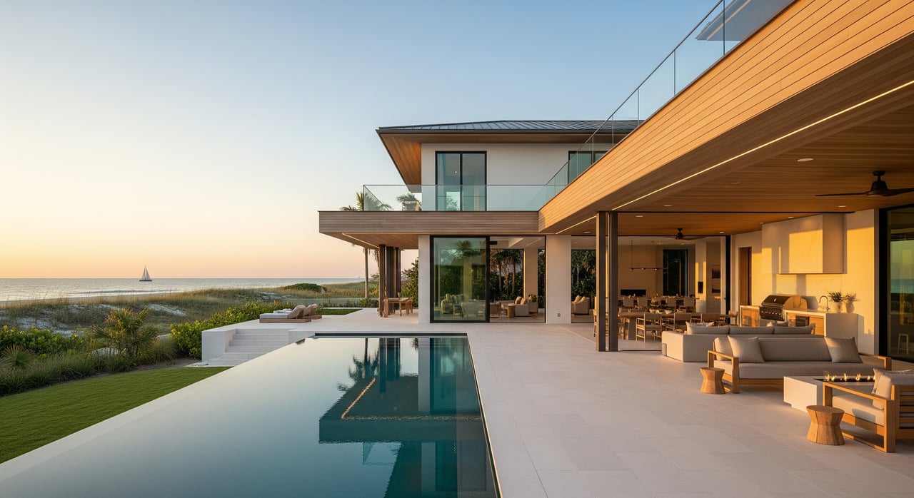 Modern two-story house with a long pool, open patio, and ocean horizon at sunset.