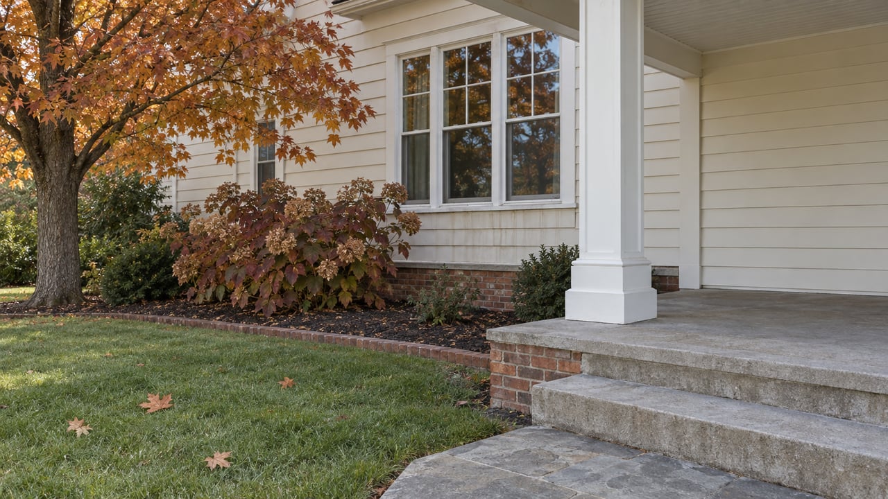 A cream-sided home's covered porch overlooks an autumn lawn, with brick foundations, stone paving and copper-orange maple leaves.