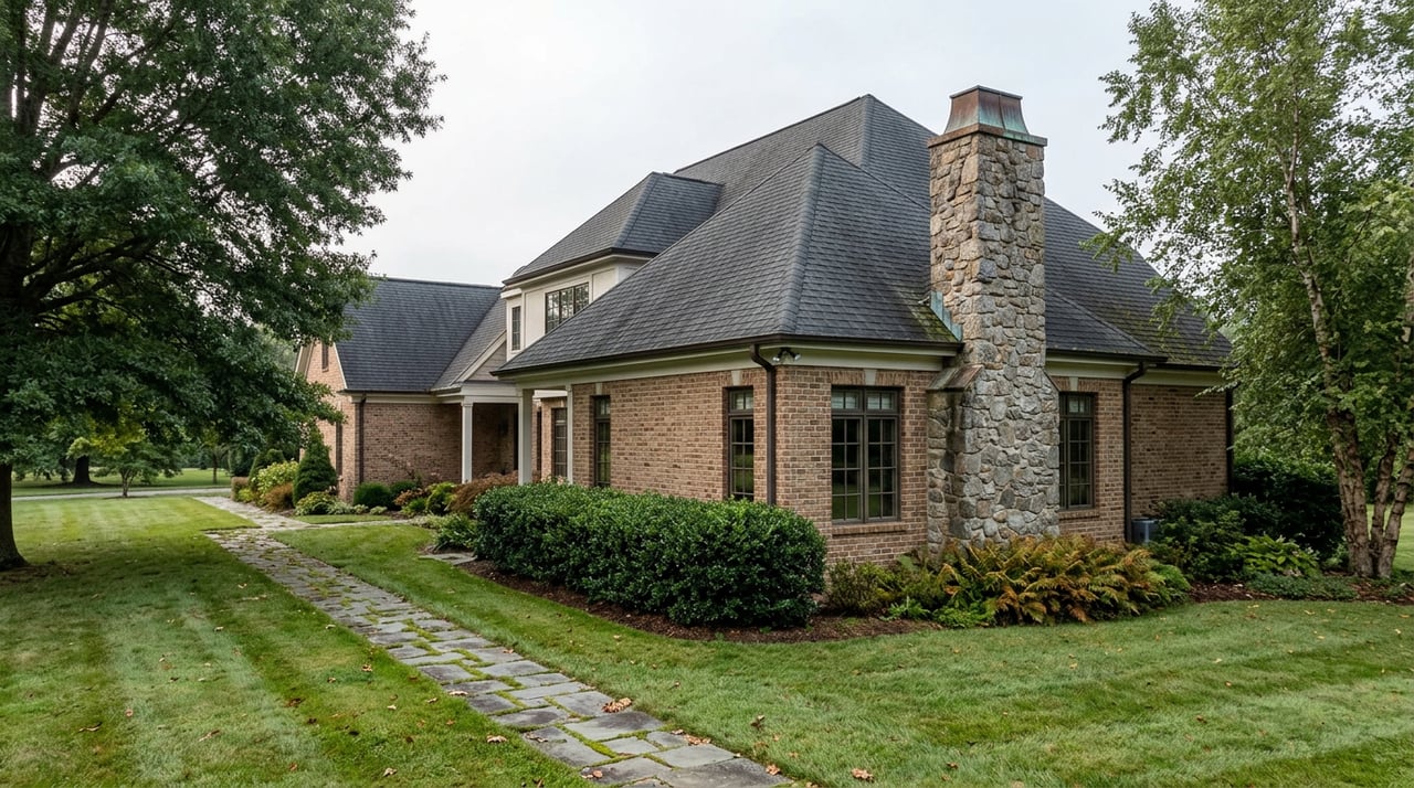Brick and stone estate home with a fieldstone chimney, bluestone path, and mature oak shading the lawn.