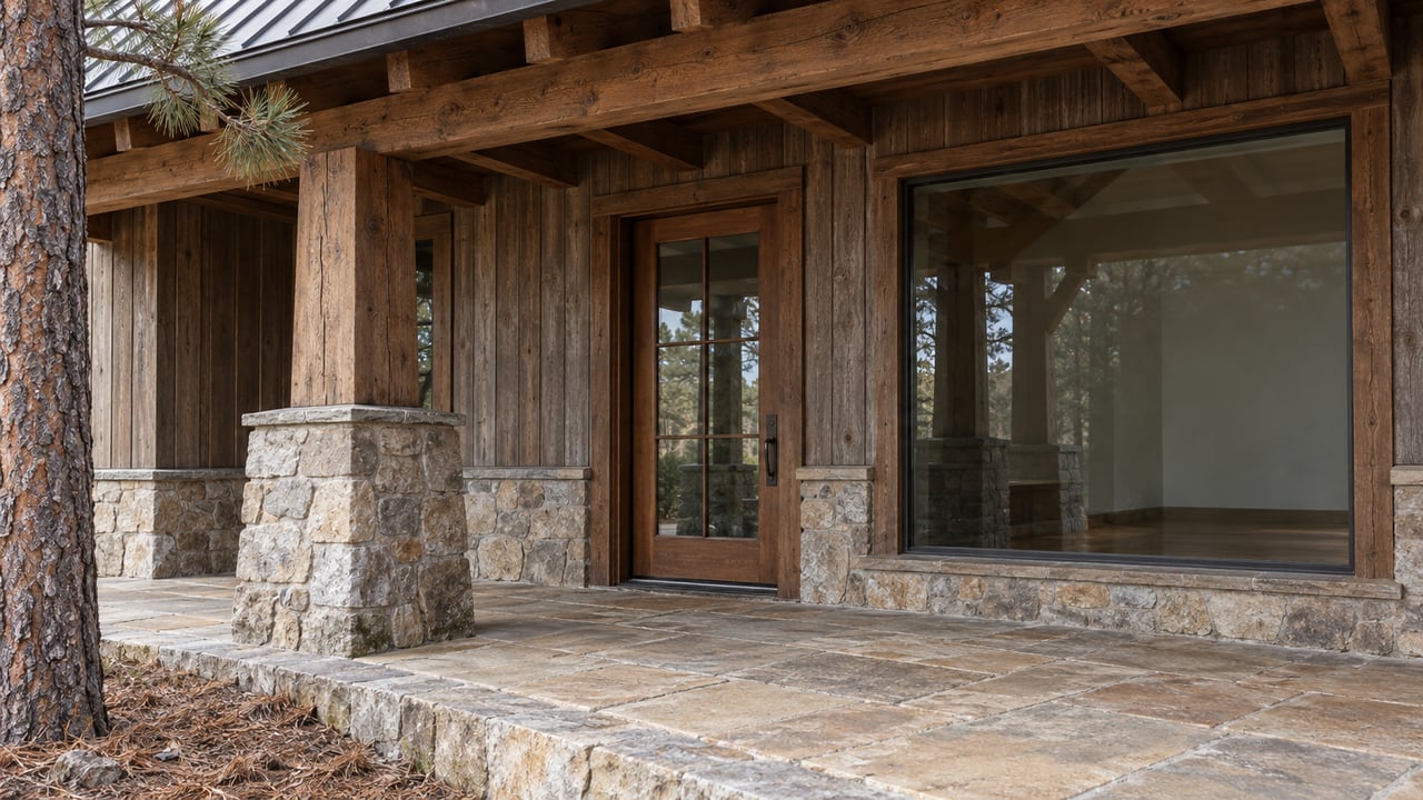 Covered timber-and-stone lodge entrance with closed glazed door, large picture window, and weathered sandstone terrace.