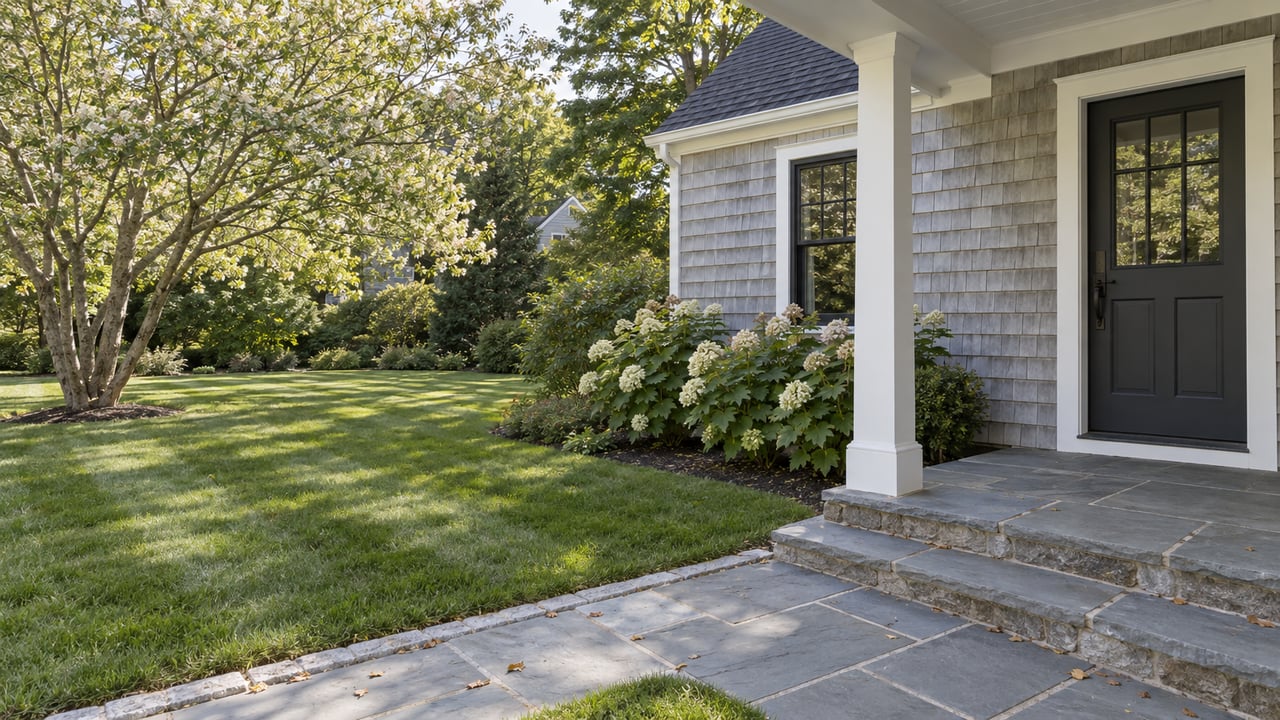 Shingled Cape porch beside a serviceberry tree, with bluestone steps and a walk crossing the deep front lawn.