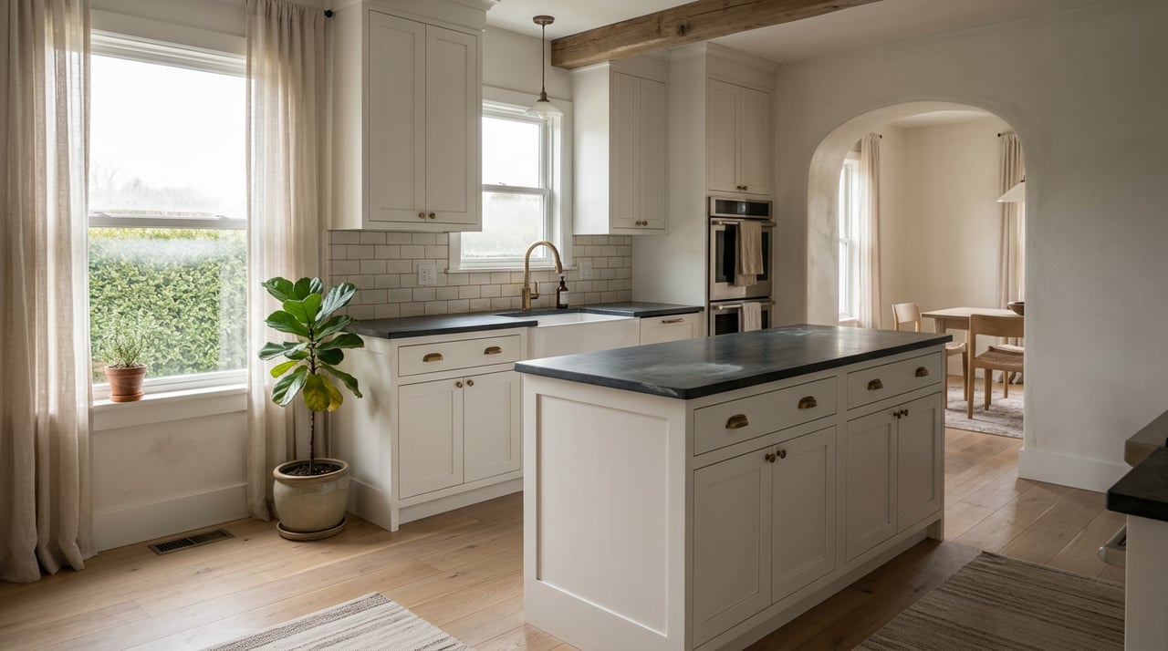 Renovated farmhouse kitchen with a soapstone island, white cabinetry, and plaster archway to a dining nook.