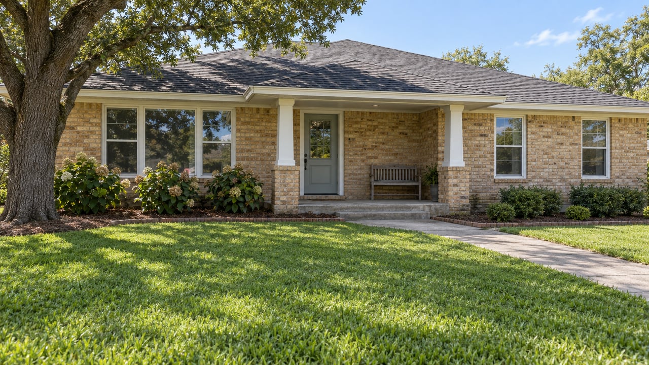 Tan brick single-story home with a covered porch, gray door, and large shade tree.