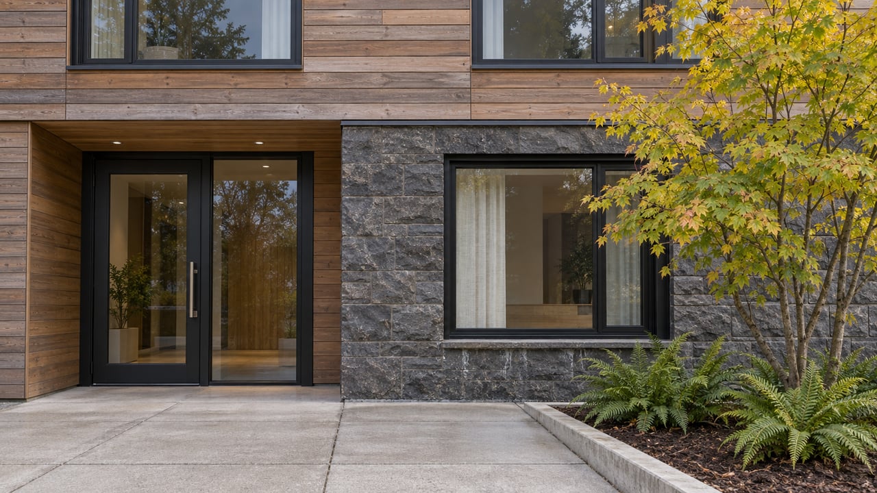 Contemporary residential entry with cedar siding, basalt stone, black-framed windows and a vine maple beside the concrete approach.