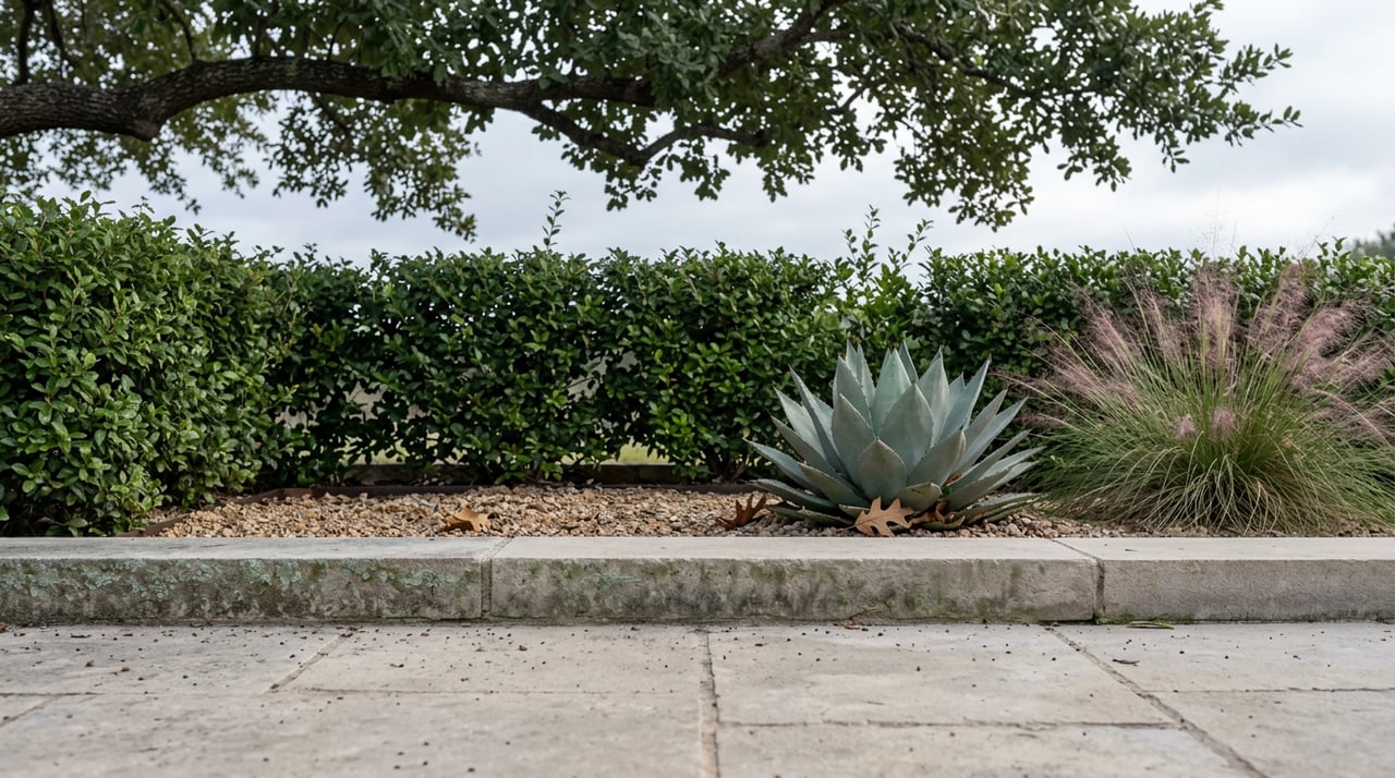 Limestone patio edge beside clipped yaupon hedge, agave, pink muhly grass, and overhanging live oak.