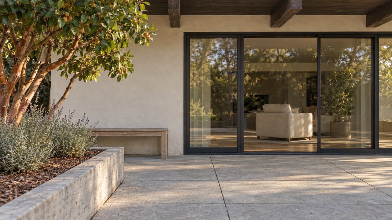 Sunlit concrete patio beside a pale stucco home, closed sliding glass doors, a weathered teak bench and a raised bed with a branching strawberry tree.