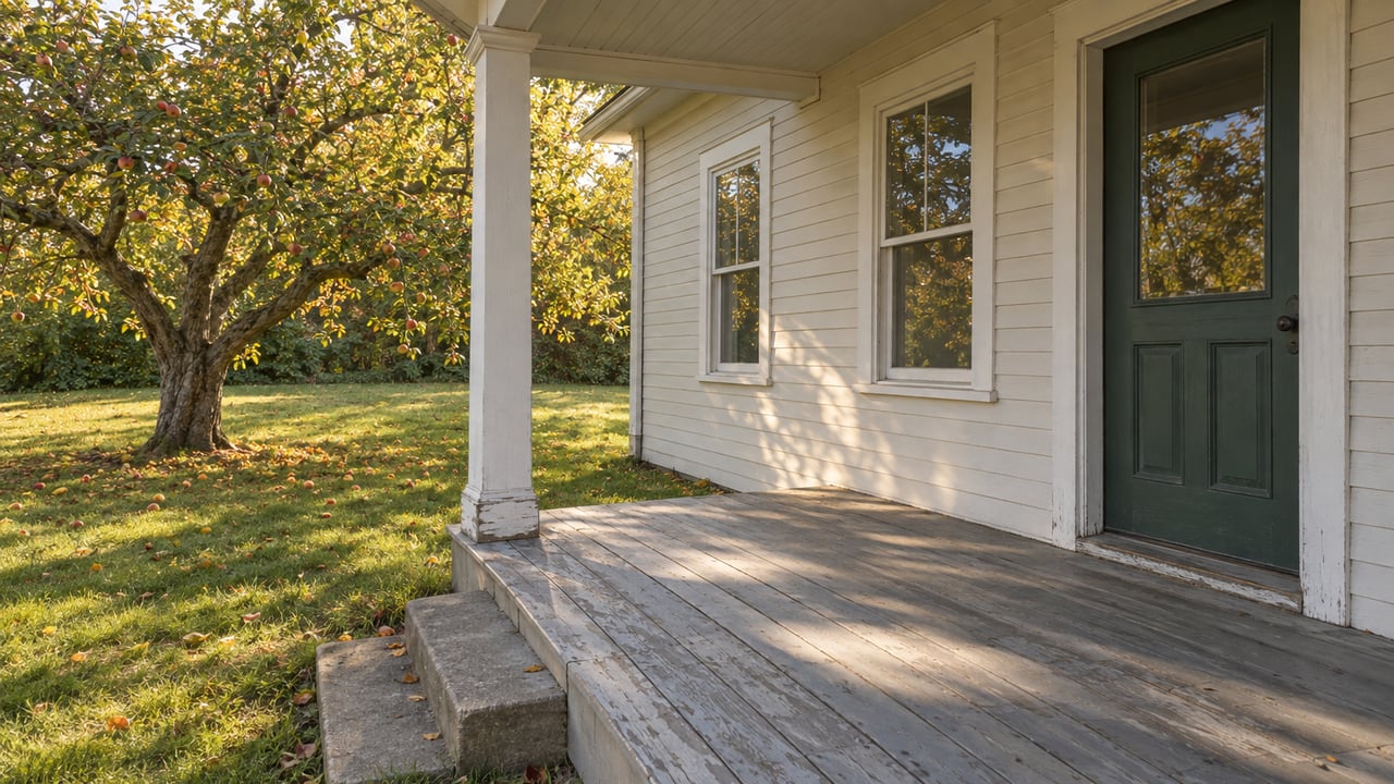 Off-white clapboard house with a dark green entry door, porch, and apple tree beside the lawn.