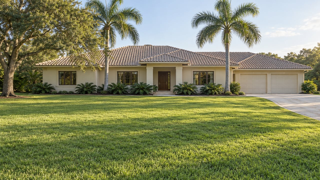 Pale stucco estate with a low tile roof beyond an expansive lawn, mature palms and a broad concrete driveway.