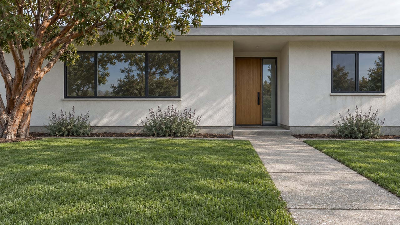Low-roof off-white home with dark-framed windows, a deep lawn, concrete approach, and a sculptural strawberry tree.