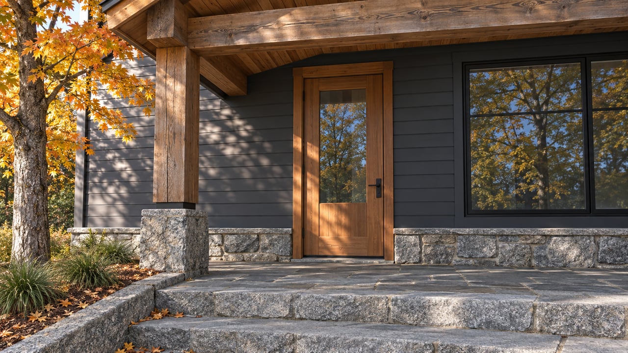 Covered entry with weathered cedar beams, charcoal siding, granite steps, and orange maple foliage.