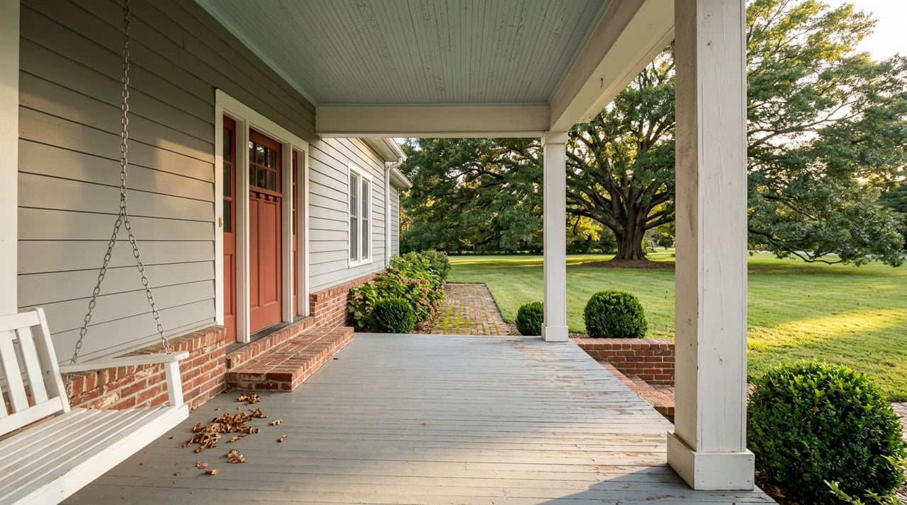 Covered porch with a white column and hanging swing overlooking brick steps, boxwood topiaries, and a lawn beneath a live oak.