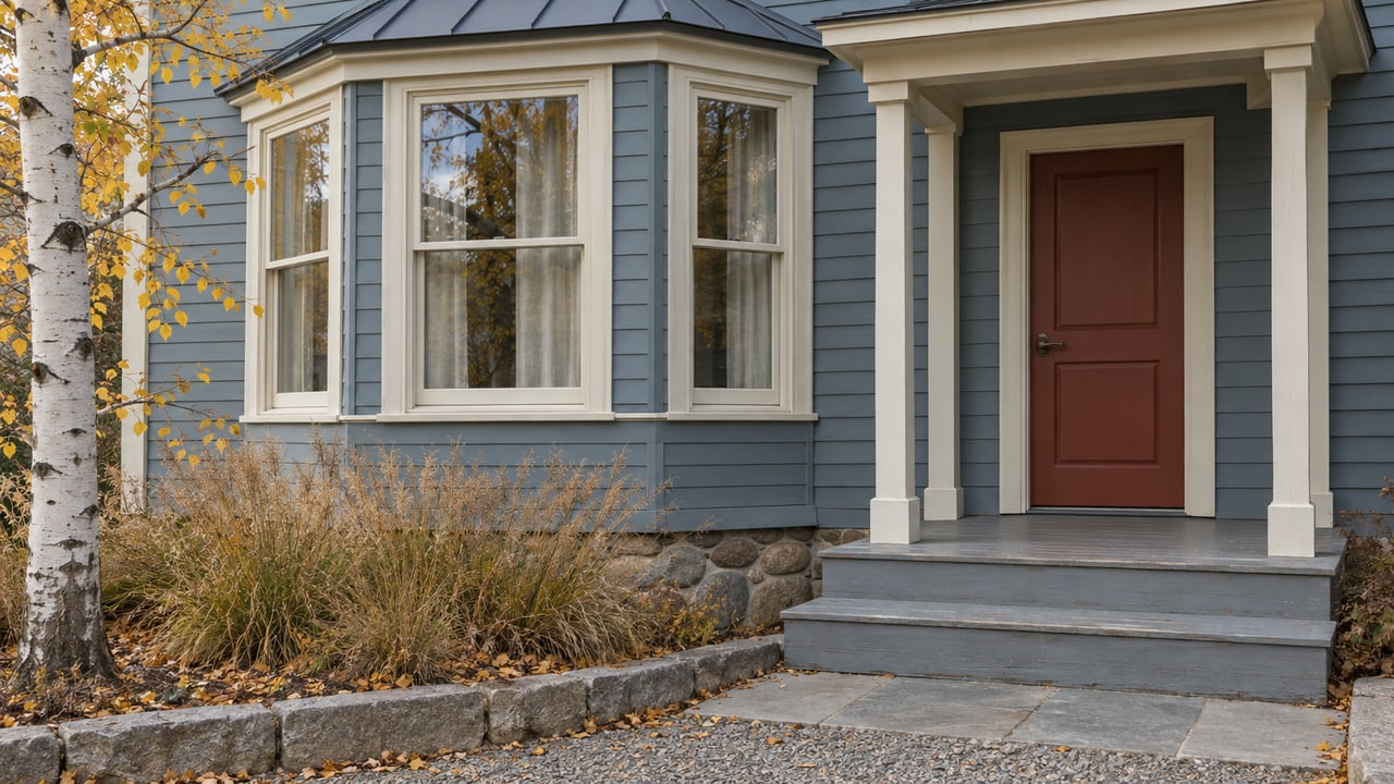 Mineral-blue timber house with an enclosed bay window, brick-red entry door, worn porch steps and autumn aspen leaves.
